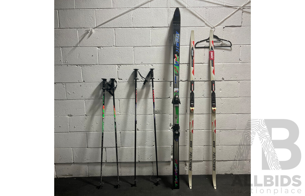 ASSORTED ATOMIC Down Hill Skis - PELTONEN Cross-country - with 2 Sets Ski Poles - Lot of 2