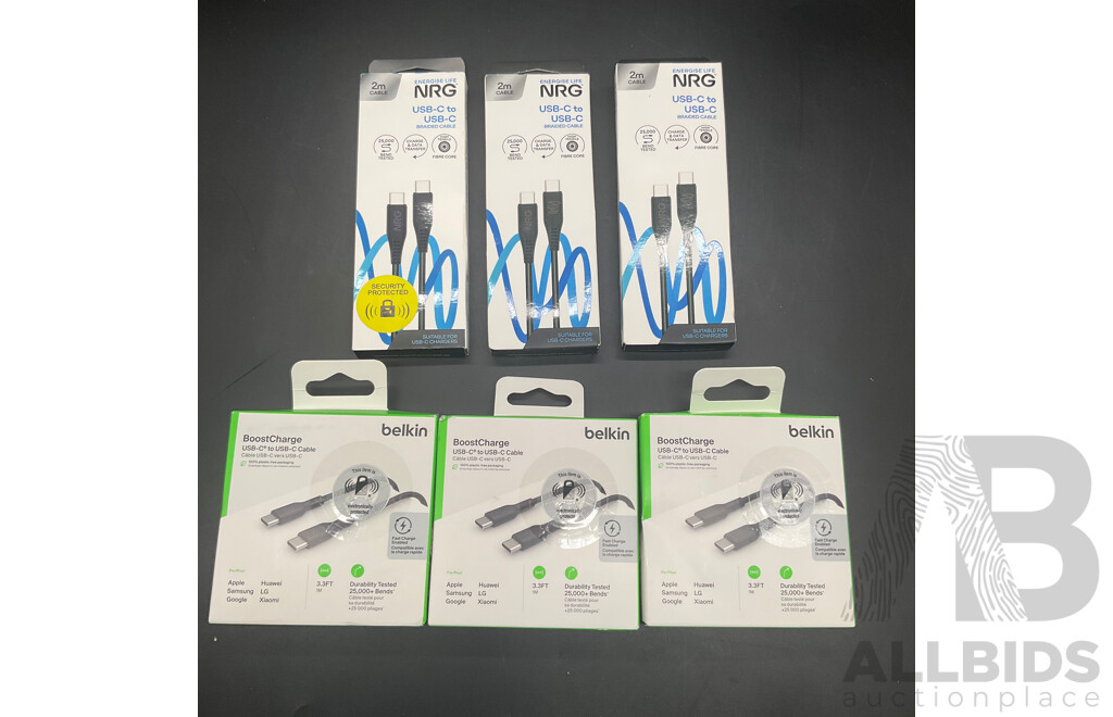 Assorted BELKIN and NRG USB-C to USB-C Cables - Lot of 6
