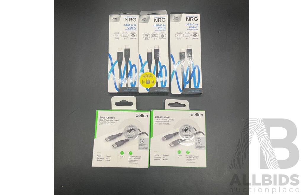 Assorted BELKIN and NRG USB-C to USB-C Cables - Lot of 5