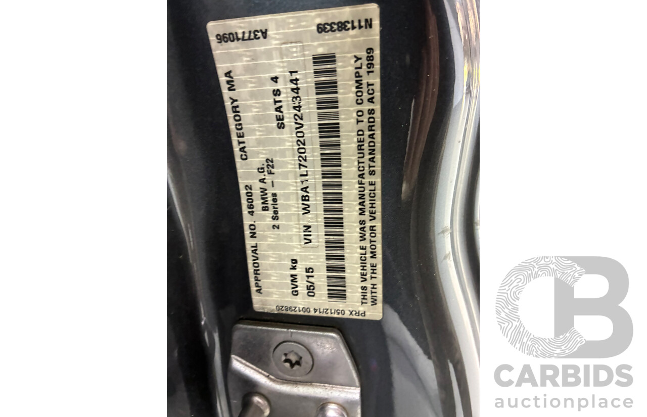 06/2015 Bmw 2 20i Sport Line (RWD) F23 2d Convertible Grey Turbo 2.0L