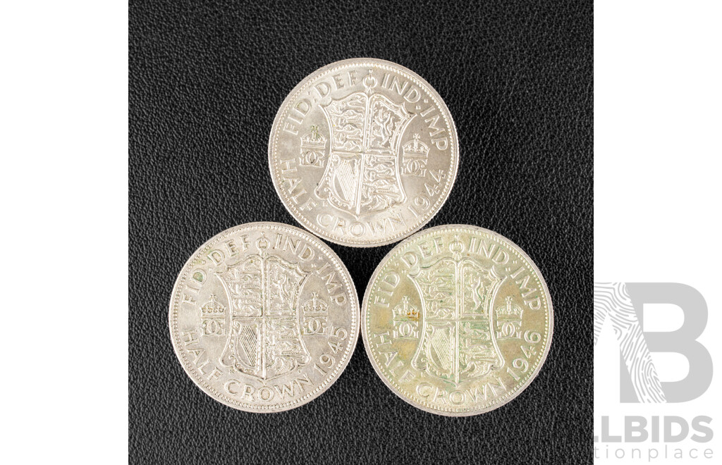 Three Great Britain KGVI Silver Half Crowns, 1944, 1945, 1946 .500
