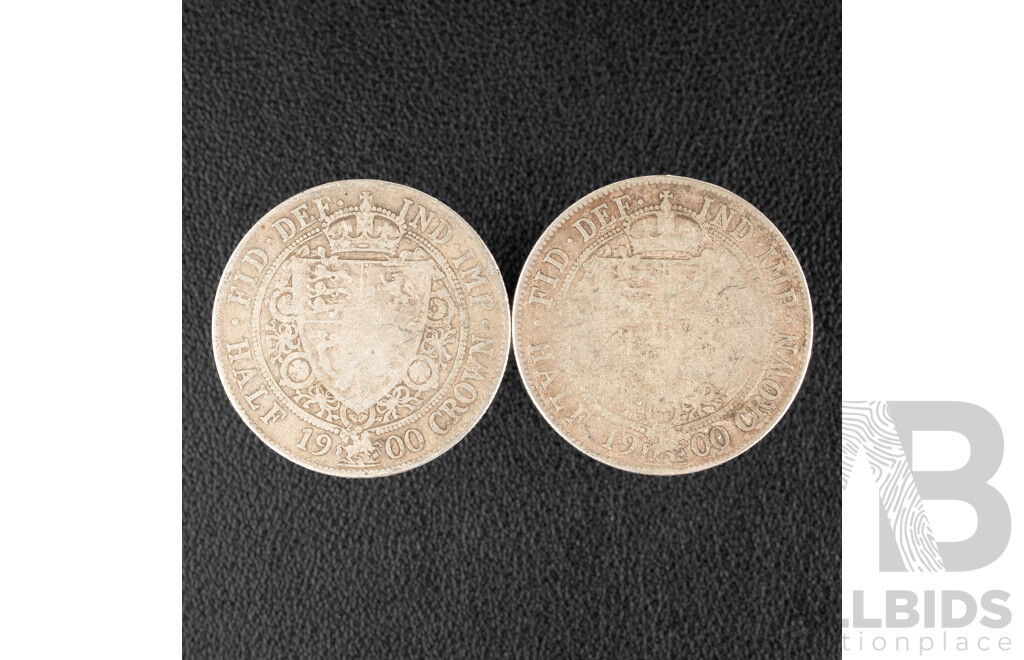 Two Great Britain 1900 QV Silver Half Crowns .925