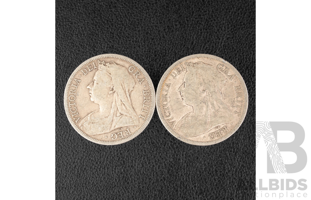 Two Great Britain 1900 QV Silver Half Crowns .925