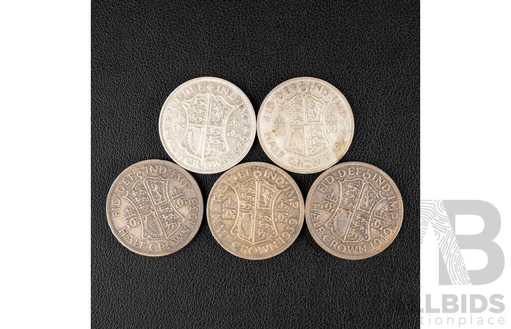 Five Great Britain KGVI Silver Half Crowns, 1936, 1937, 1938, 1939, 1940 .500