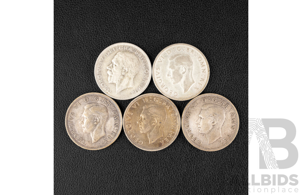 Five Great Britain KGVI Silver Half Crowns, 1936, 1937, 1938, 1939, 1940 .500