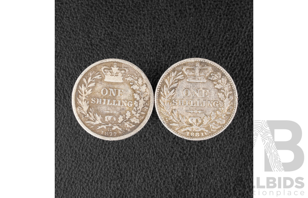Great Britain 1877 and 1881 QV Silver Shillings .925