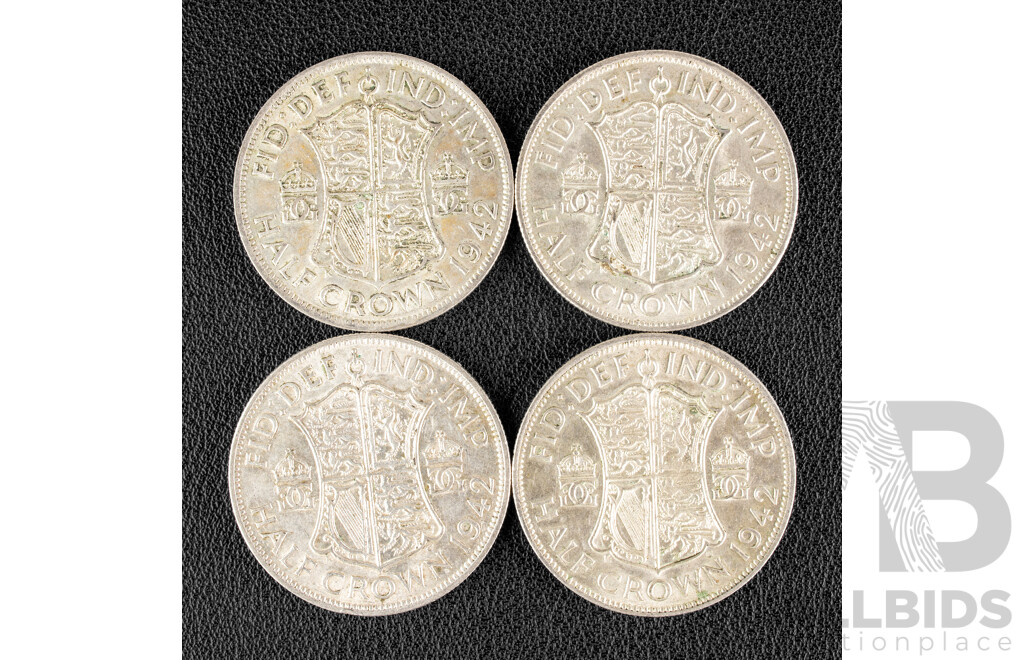 Four Great Britain 1942 KGVI Silver Half Crowns .500