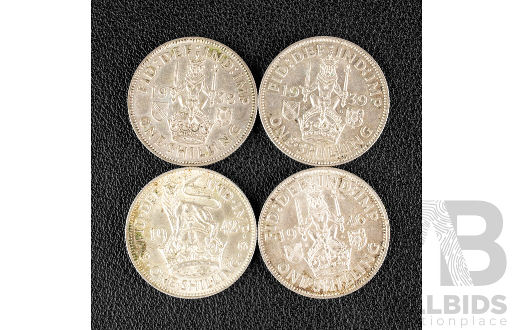 Four Great Britain KGVI Silver Shillings, 1938, 1939, 1942, 1946 .500