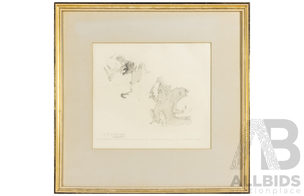 David Warren (20th Century, Australian, 1945-), Group of Figures Fleeing To-ward Another Group Who Are Waiting for an Answer (1966), Original Mid Century Pencil Sketch, 49H X 49W Cm (frame)