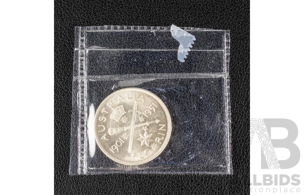 Australian 1951 a/UNC Silver Florin, Federation .500