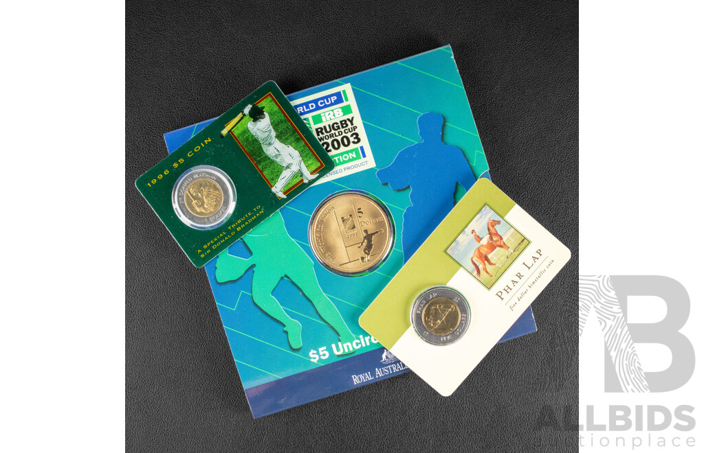 Three Australian Five Dollar Coins, 2000 Phar Lap, 2003 Rugby, 1996 Bradman
