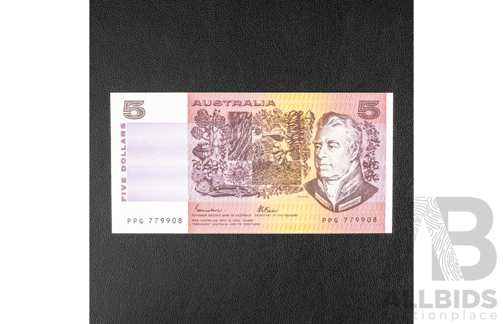 Australian 1985 UNC Five Ddollar Note Johnston/Fraser R209a, PPG 779908