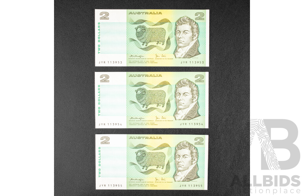 Three Australian 1979 Two Dollar Notes, Knight/ Stone, R87 Consecutive, JYR 113953 - JYR 113955