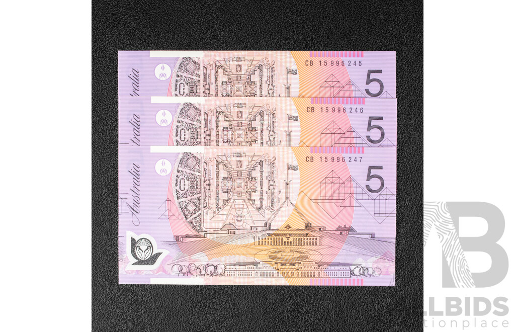 Two 2016 UNC Five Dollar Notes, Stevens/Fraser Consecutive UNC, CB 15996245 - CB 15996246