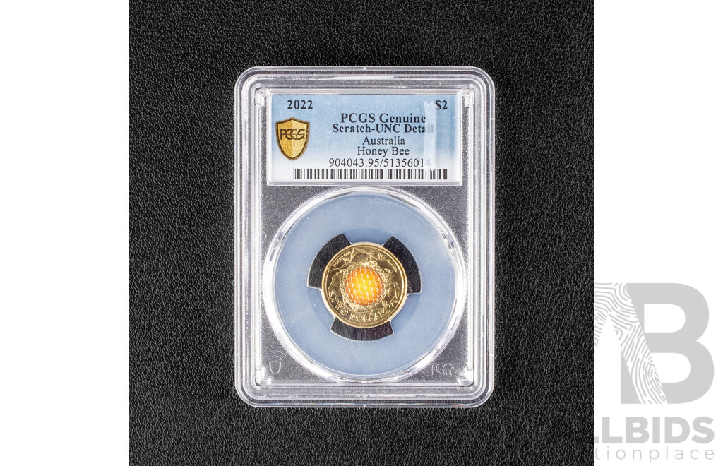Australian 2022 Two Dollar Coin, Honey Bee PCGS graded UNC scratch.