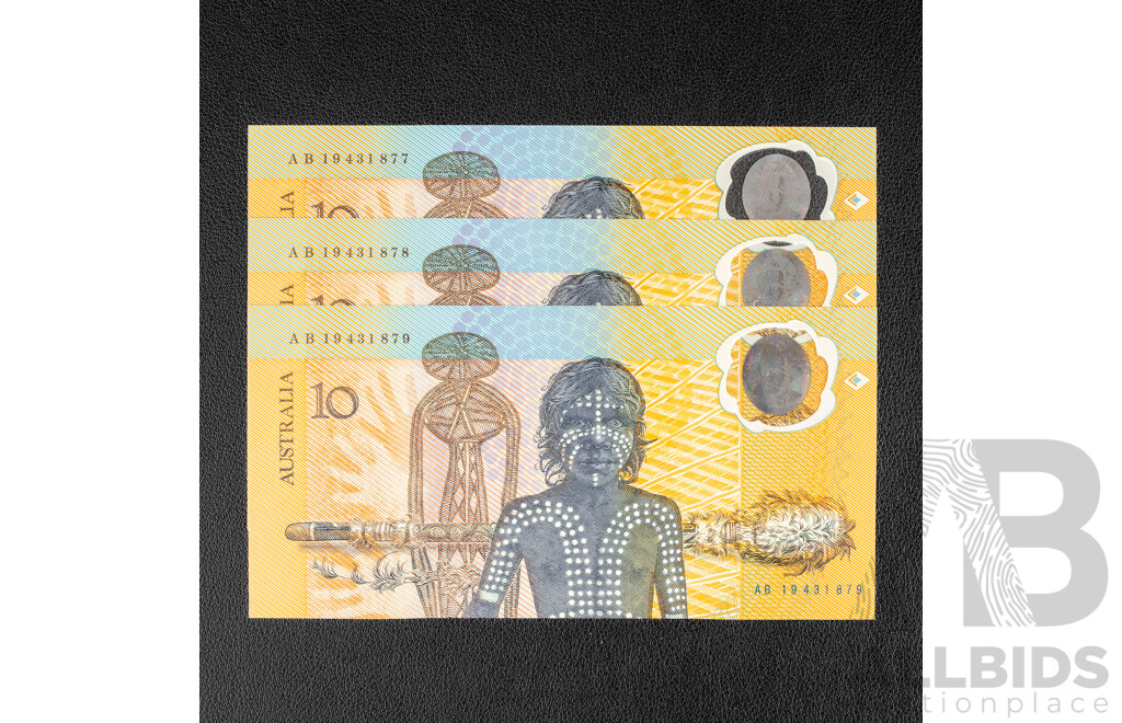 Three Australian 1988 UNC Ten Dollar Notes, Commemorative, Consecutive AB 19431877 - AB 19431879