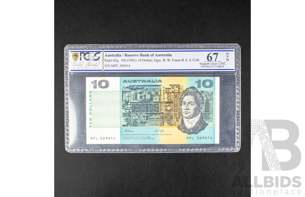 Australian 1991 Ten Dollar Note, Fraser/Cole , Graded Superb GEM UNC