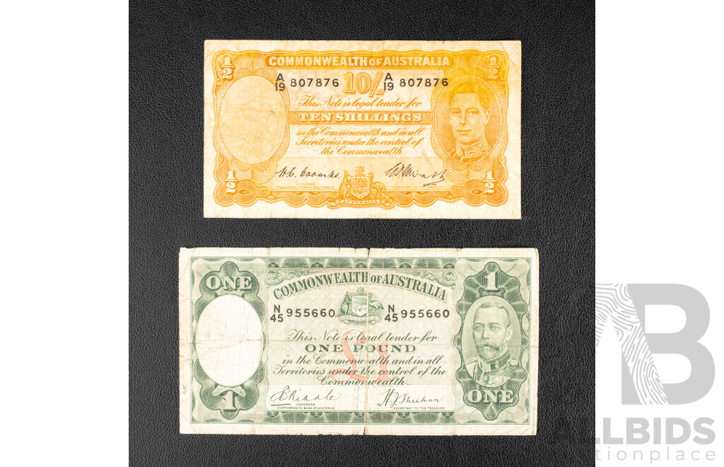Australian 1933 One Pound Note, Riddle/Sheehan and 1949 Ten Shillings Note, Coombs/Watt