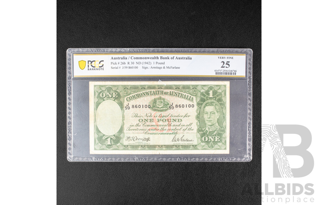 Australian 1942 One Pound Note, Armitage/McFarlane, Graded Very Fine