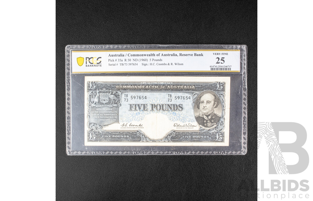 Australian 1960 Five Pound Note, Coombs/Wilson, Graded Very Fine