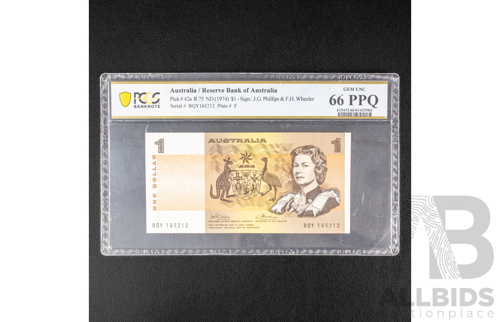 Australian 1974 One Dollar Note, Phillips/Wheeler, Graded GEM UNC 