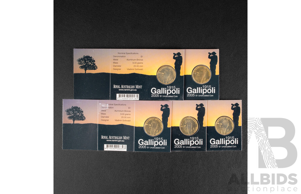 Five Australian 2005 Mintmarked One Dollar Coins, Gallipoli