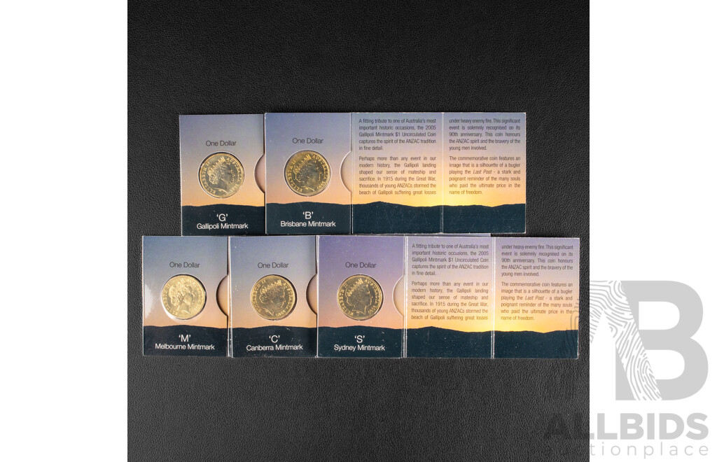 Five Australian 2005 Mintmarked One Dollar Coins, Gallipoli