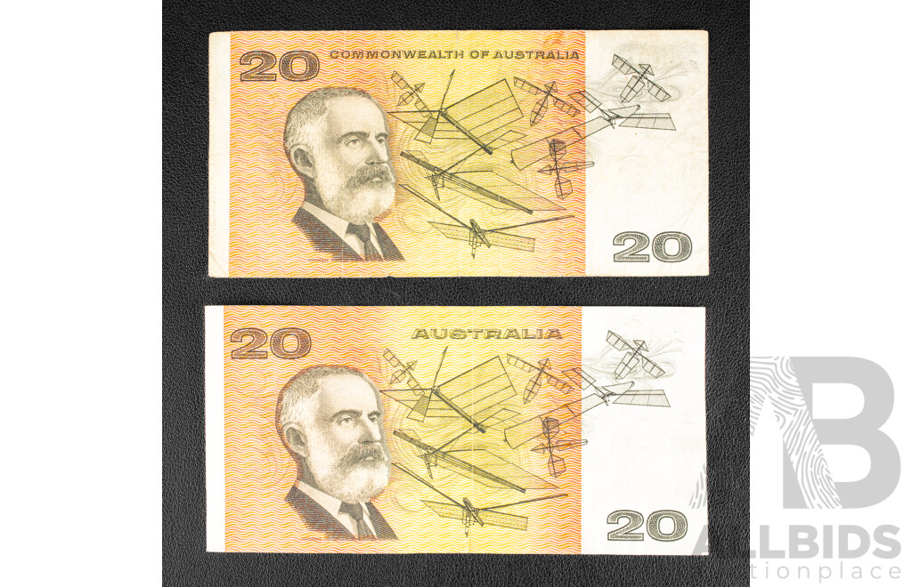 Australian 1972 Twenty Dollar Note, Phillips/Wheeler and 1974 Phillips/ Wheeler