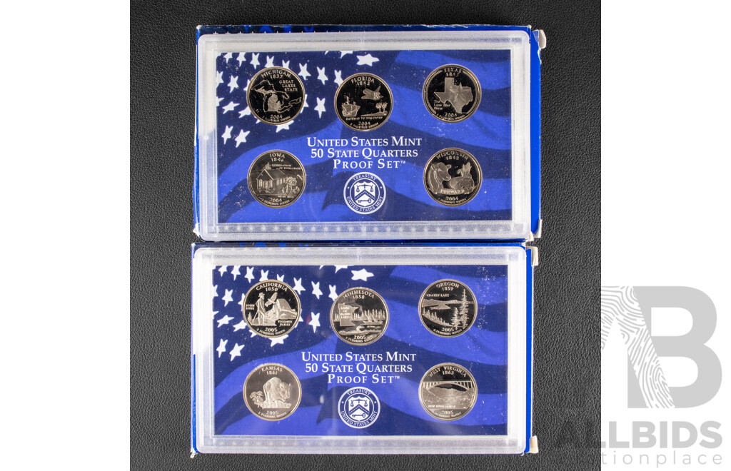 USA 2004 and 2005 Five Coin Proof Set of Quarters