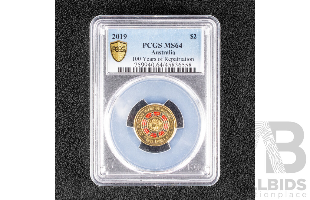 Australian RAM 2019 Two Dollar Coin, Repatriation, Graded MS 64, choice UNC.25.