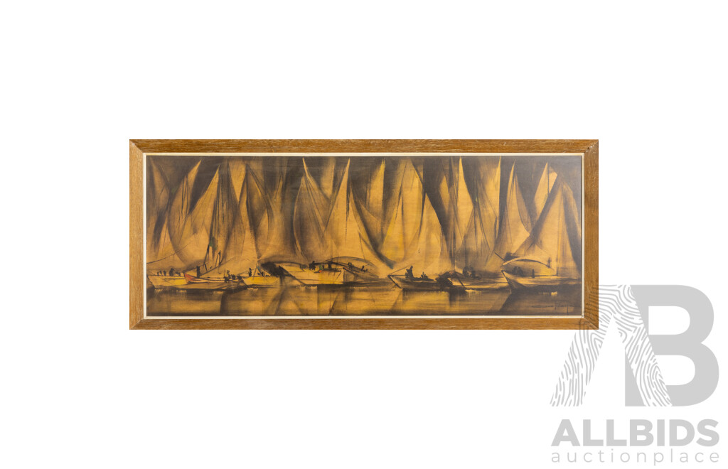 Ozz Franca, (20th Century, Brazilian, 1928-1991), Boat Harbour Scene, Mid Century Vintage Lithographic Print on Board, 44H X 107W Cm (frame)