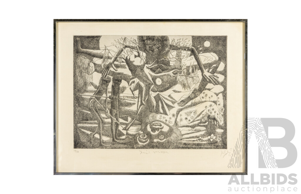 Keith Looby (20th Century, Australia, 1940-), First Moon (1976), Original Signed & Editioned Etching, 61H x 77W cm (frame)