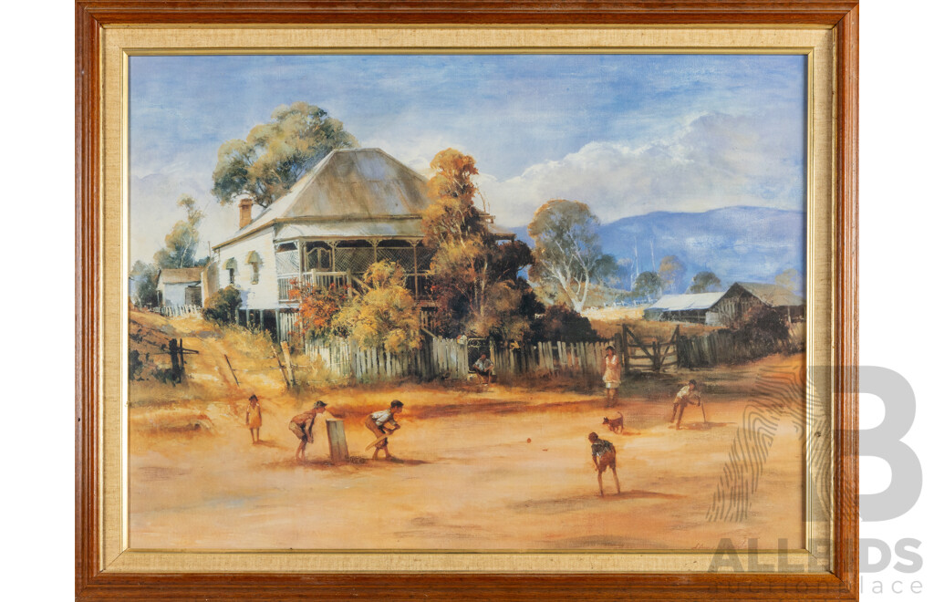 d'Arcy Doyle (20th Century, Australian, 1932-2001), Street Cricket, Reproduction Colour Print After Original Oil, 69H x 89W cm (frame)