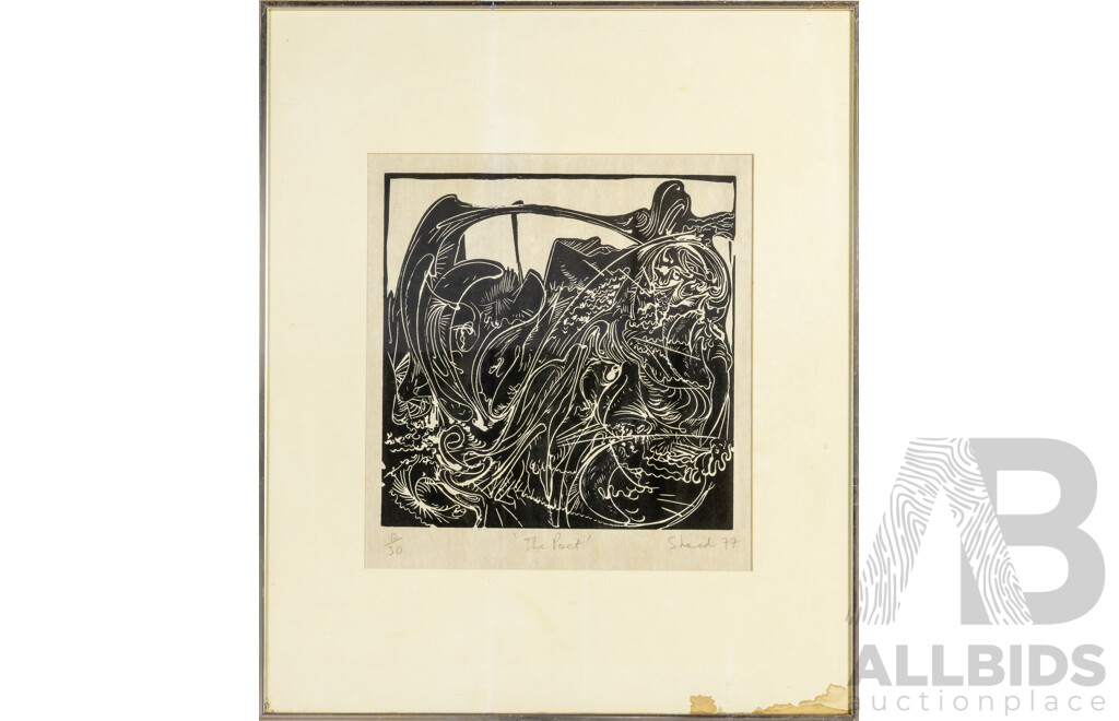 Garry Shead (20th Century, Australian, 1942-) The Poet (1977), Original Signed & Editioned Linocut, 61H x 51W cm (frame)