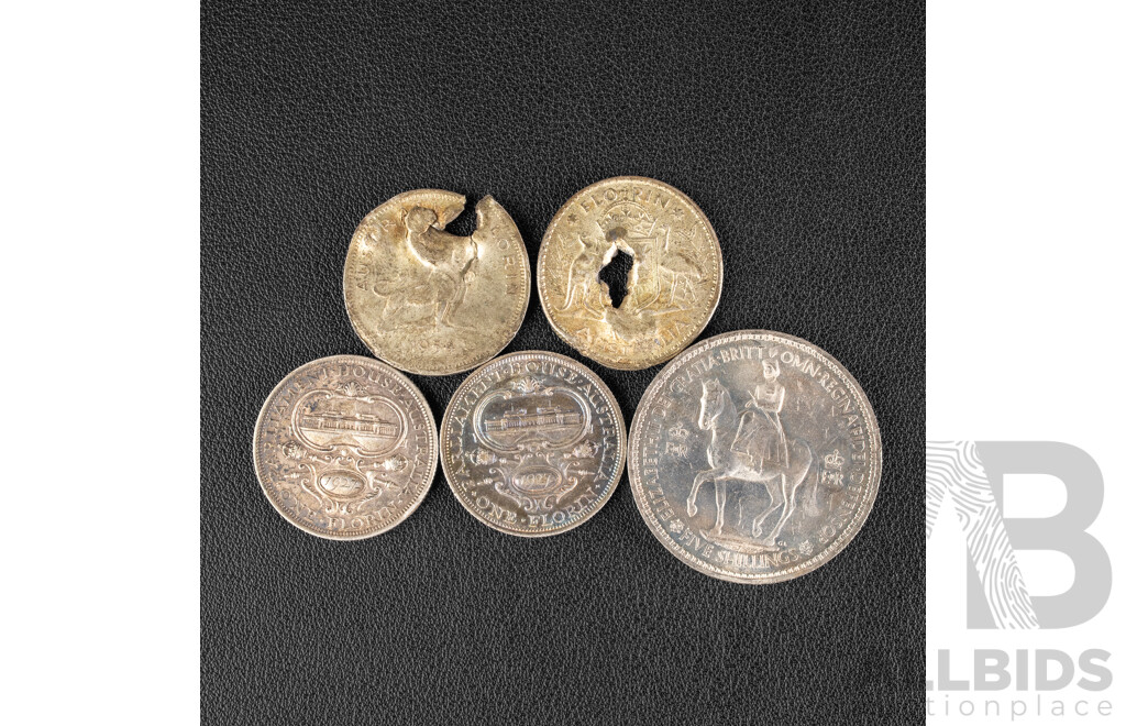Two Australian 1927 KGV Silver Florins, Parliament House, Damaged 1954 and QE2 Florins and Great Britain 1977 Jubilee Crown