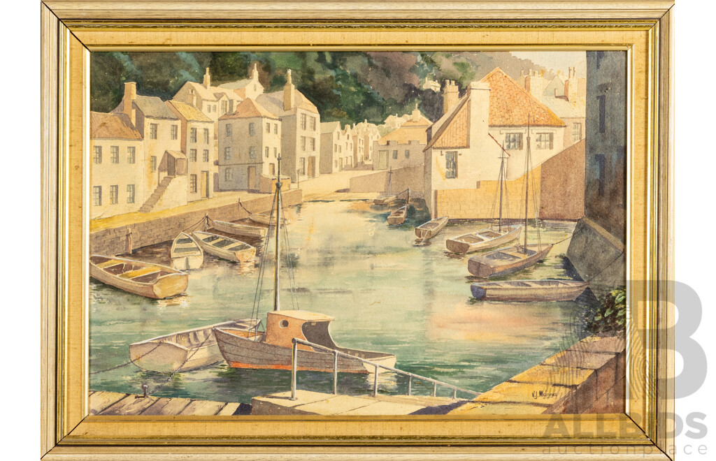 Vivian J. McInnes (20th Century, Australian, 1913-1982), Boats at Anchor, Polperro [Cornwall, UK], Original Vintage Watercolour, 48H x 65W cm (frame)