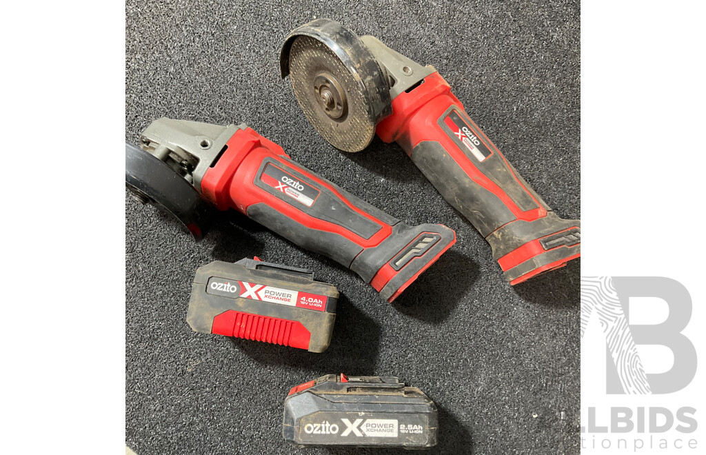 OZITO 18V Angle Grinder (PXAGS-115) - (x2) with 4.0Ah & 2.5Ah Battery - Lot of 4