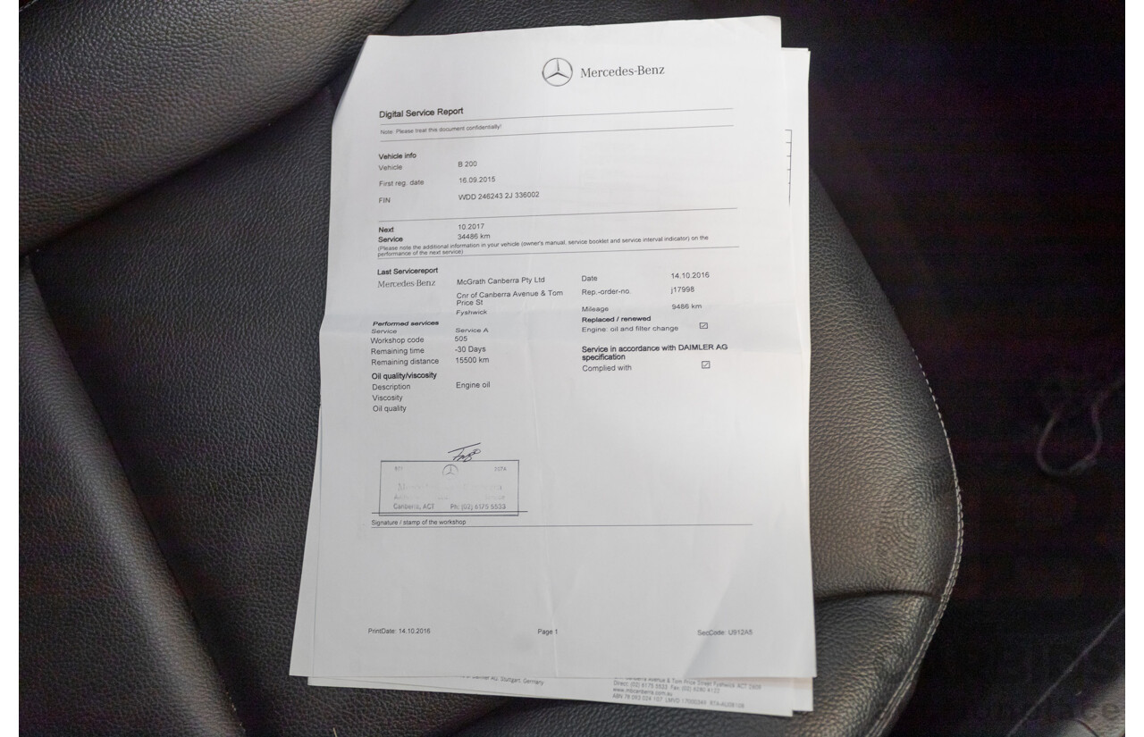 9/2015 Mercedes-Benz B200 246 MY15 5d Hatchback Calcite White Turbo 1.6L