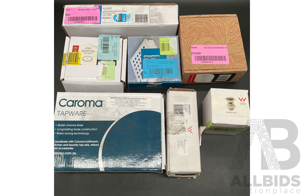 Assorted Bathroom Fixtures, Including CAROMA Tapware, PHOENIX Shower Wall Mixer, Point Drain Round Outlet and More - Lot of 7