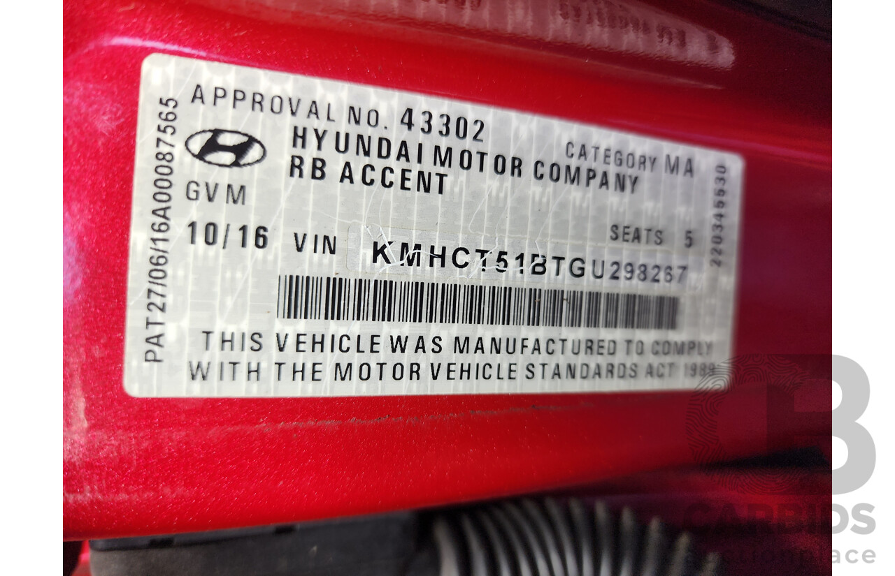 10/2016 Hyundai Accent Active RB4 MY16 5d Hatchback Red 1.4L