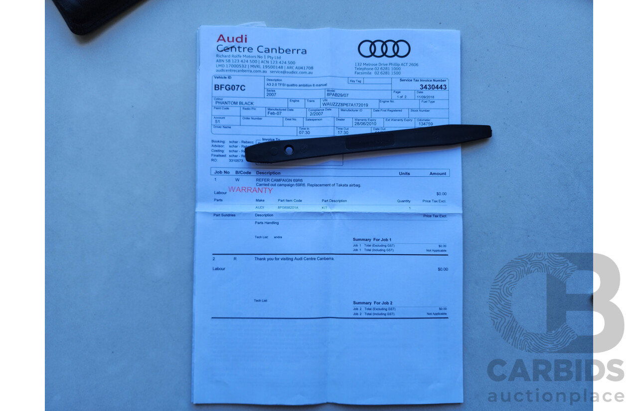 07/2007 Audi A3 Sportback 2.0 TFSI Quattro AMB 8P 5d Hatchback Black 2.0L