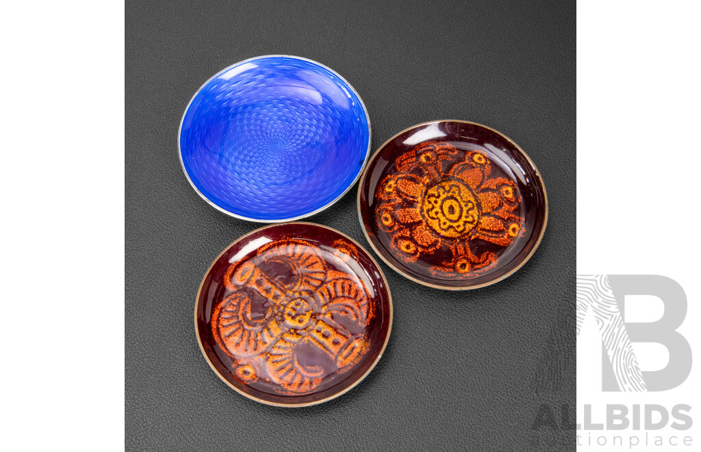Mid-Century ELA Sterling Silver Blue Enamel Dish with Two Danish Baked Enamel Dishes