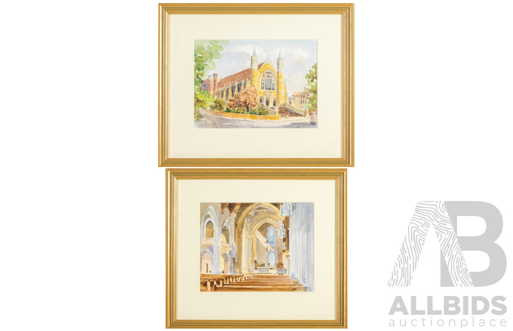Paul Schreder (20th Century, British), Studies of Exterior of Ealing Abbey & Interior of Ealing Abbey, Original Signed Watercolours, 33H x 39W cm (larger frame) (2)