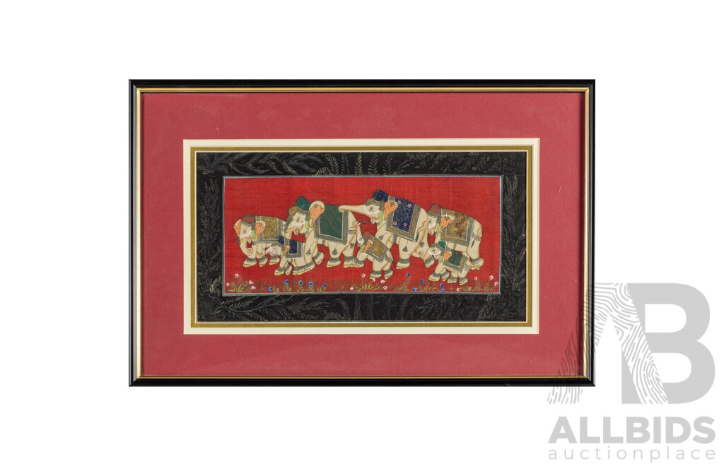 Artist Unknown (20th Century, Indian), Elephant Procession, Vintage Hand-painted Pigments on Silk Panel, 33H x 50W cm (frame)