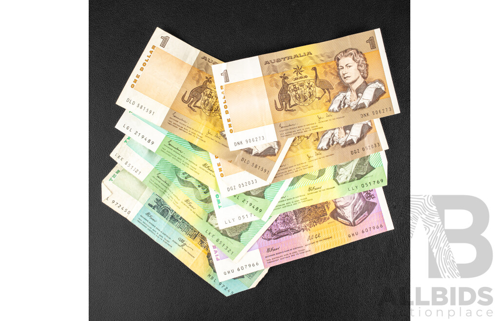 Collection of Australian Banknotes Including 1989 Ten Dollar, Fraser/Higgins, 1991 Five Dollars, Fraser/Cole, Three 1985 Two Dollars Johnston/Fraser, Three 1982 One Dollars, Johnston/Stone