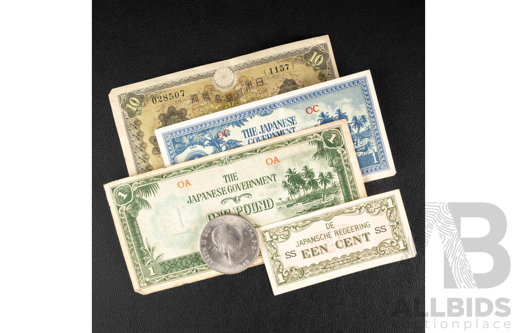Three Japanese World War Two Occupation Notes Including One Pound with 1930 Ten Yen Note and United Kingdom 1965 UNC Crown, Winston Churchill