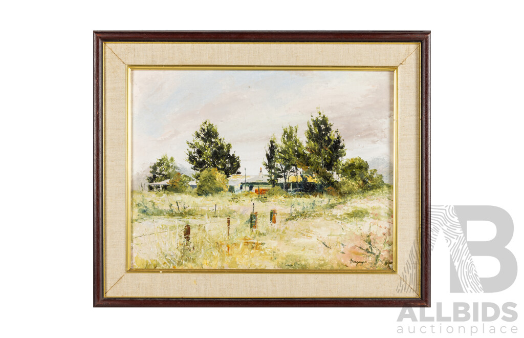 Kevin Maguire (20th Century, Australian, Active c1970-80s), Dairy Flat Farm Near Canberra ACT, Original Vintage Oil on Canvas Board, 47H x 58W cm (frame)