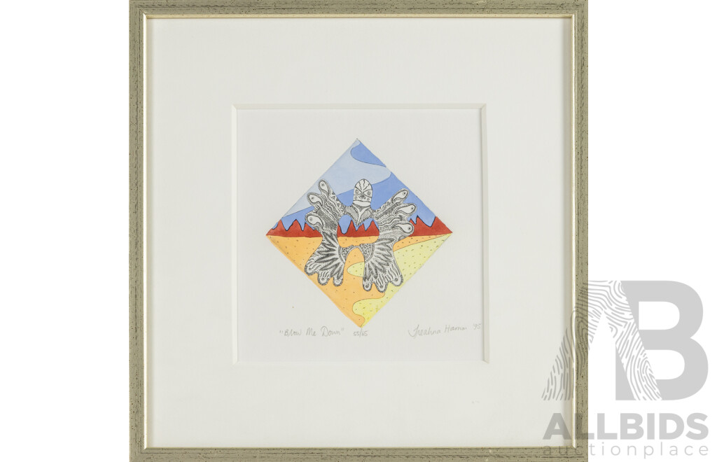 Treahmna Hamm (20th Century, Indigenous-Australian, 1965-), Blow Me Down, Signed & Editioned Hand Coloured Etching, 34H x 34W cm (frame)
