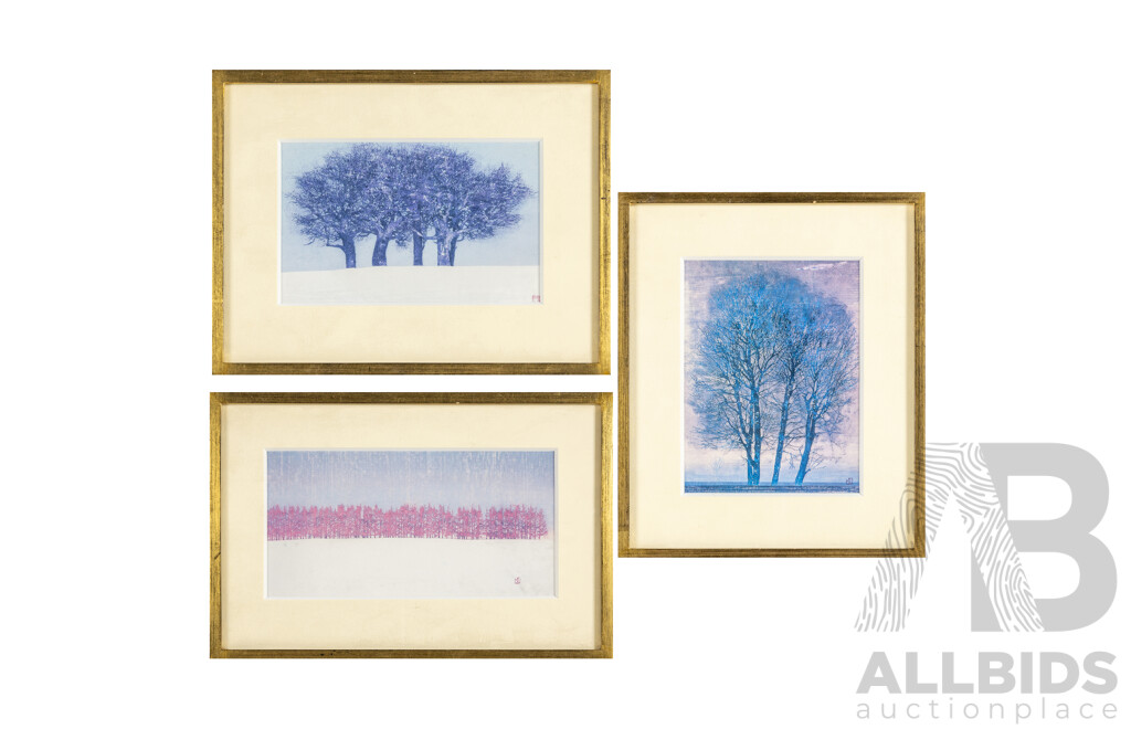 Joichi Hoshi (20th Century, Japanese, 1913-1979), Clump of Trees, Red Line & Dawning, Trio of Vintage Prints After Original Wood Blocks, 21H x 31W cm (largest frame) (3)