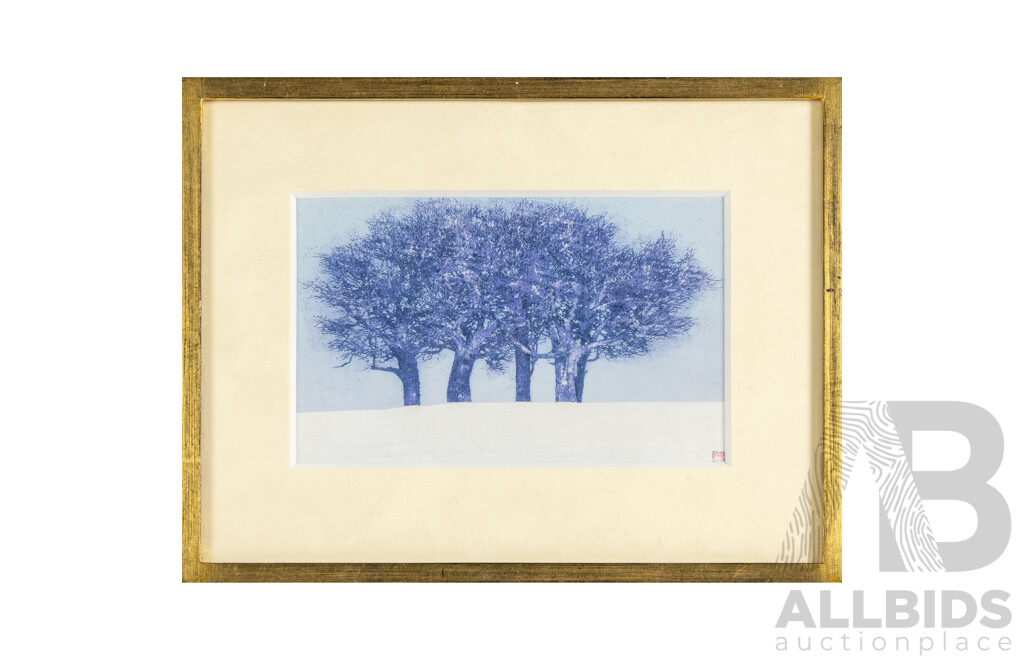 Joichi Hoshi (20th Century, Japanese, 1913-1979), Clump of Trees, Red Line & Dawning, Trio of Vintage Prints After Original Wood Blocks, 21H x 31W cm (largest frame) (3)